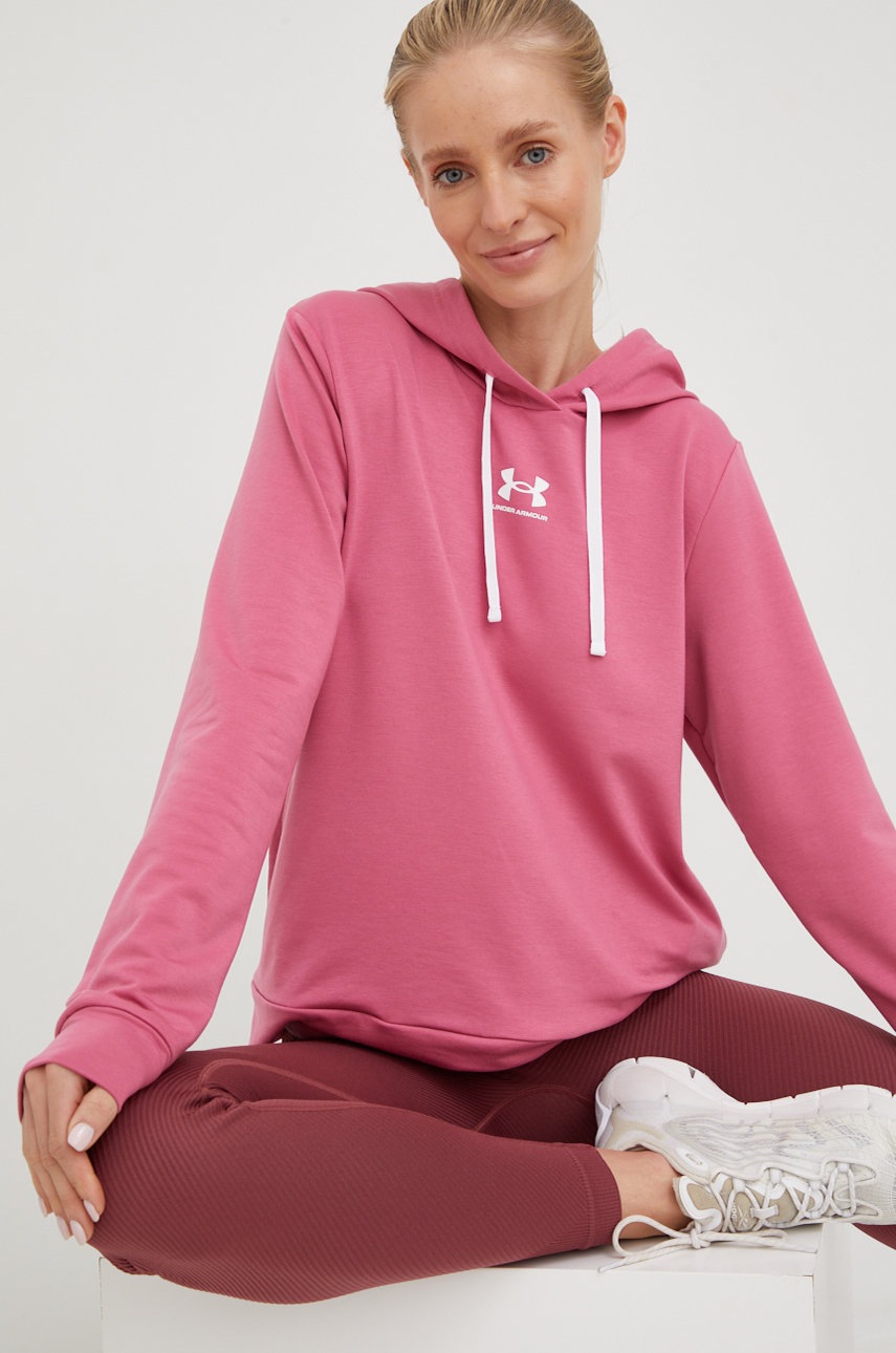 Levně Mikina Under Armour dámská, růžová barva, s kapucí, s potiskem