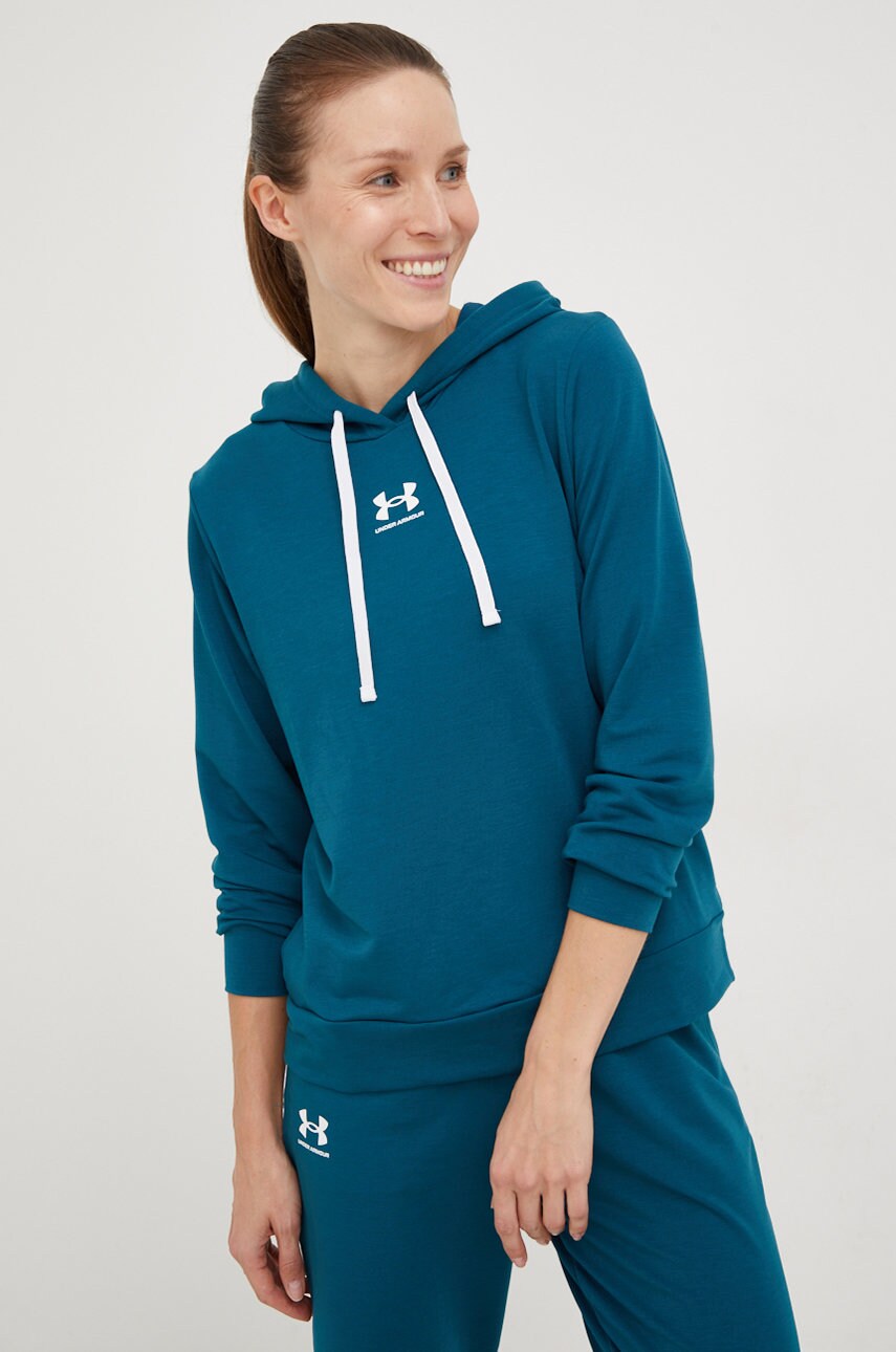 Under armour bluza femei, culoarea verde, cu glugă, cu imprimeu