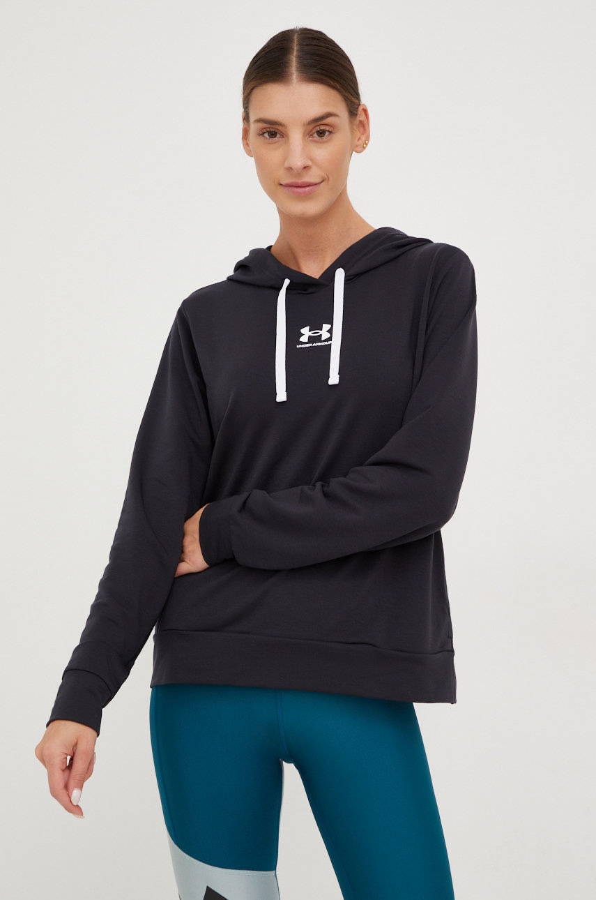 Under Armour bluza femei, culoarea negru, cu glugă, cu imprimeu