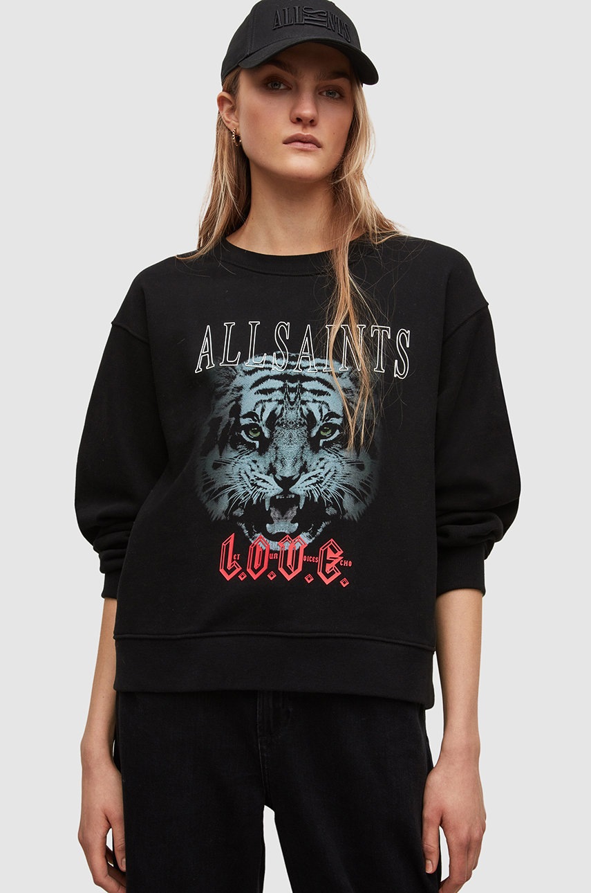 

Памучен суичър AllSaints дамска в черно с принт, Черен