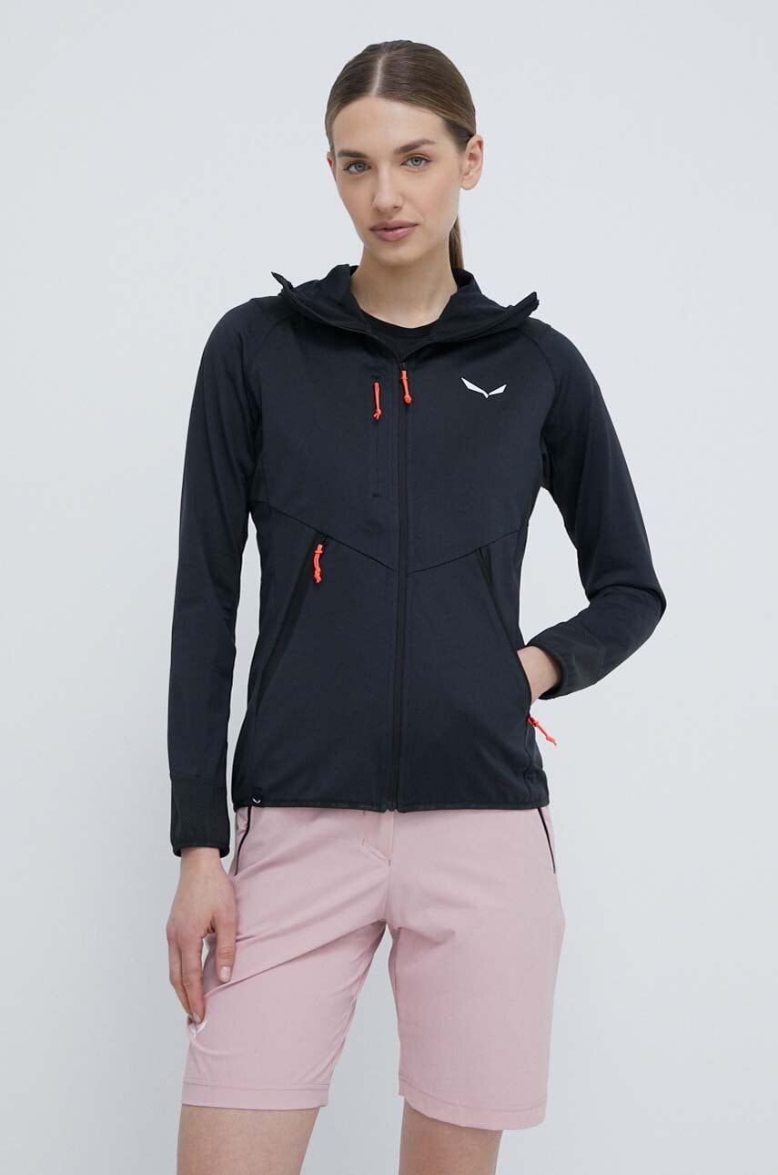 Salewa hanorac Agner Hybrid femei, culoarea negru, cu glugă, melanj