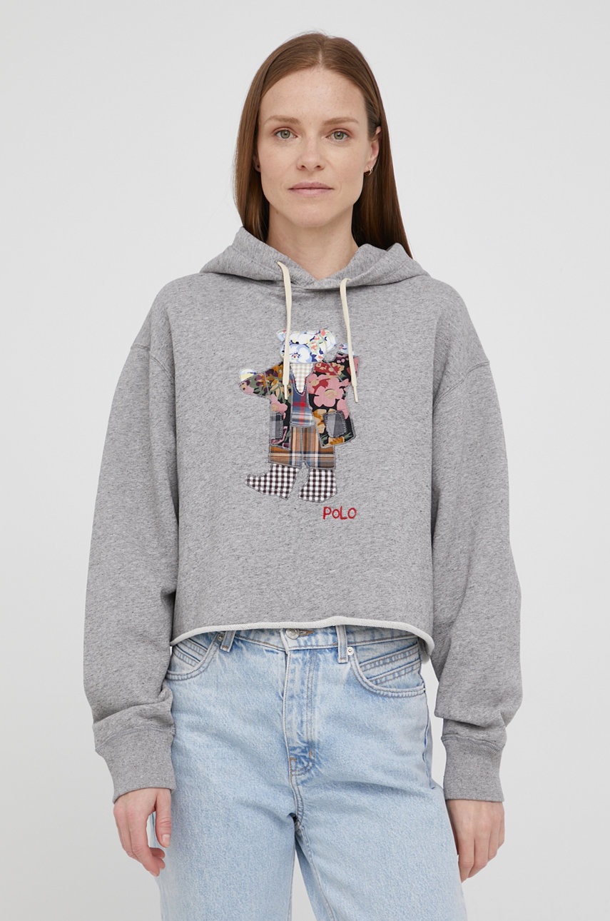 

Памучен суичър Polo Ralph Lauren дамска в сиво с апликация, Сив