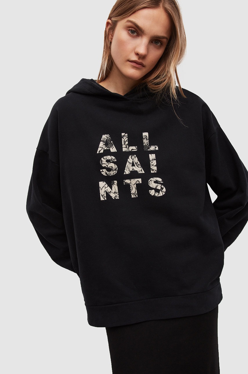 

Памучен суичър AllSaints дамски в черно с принт, Черен