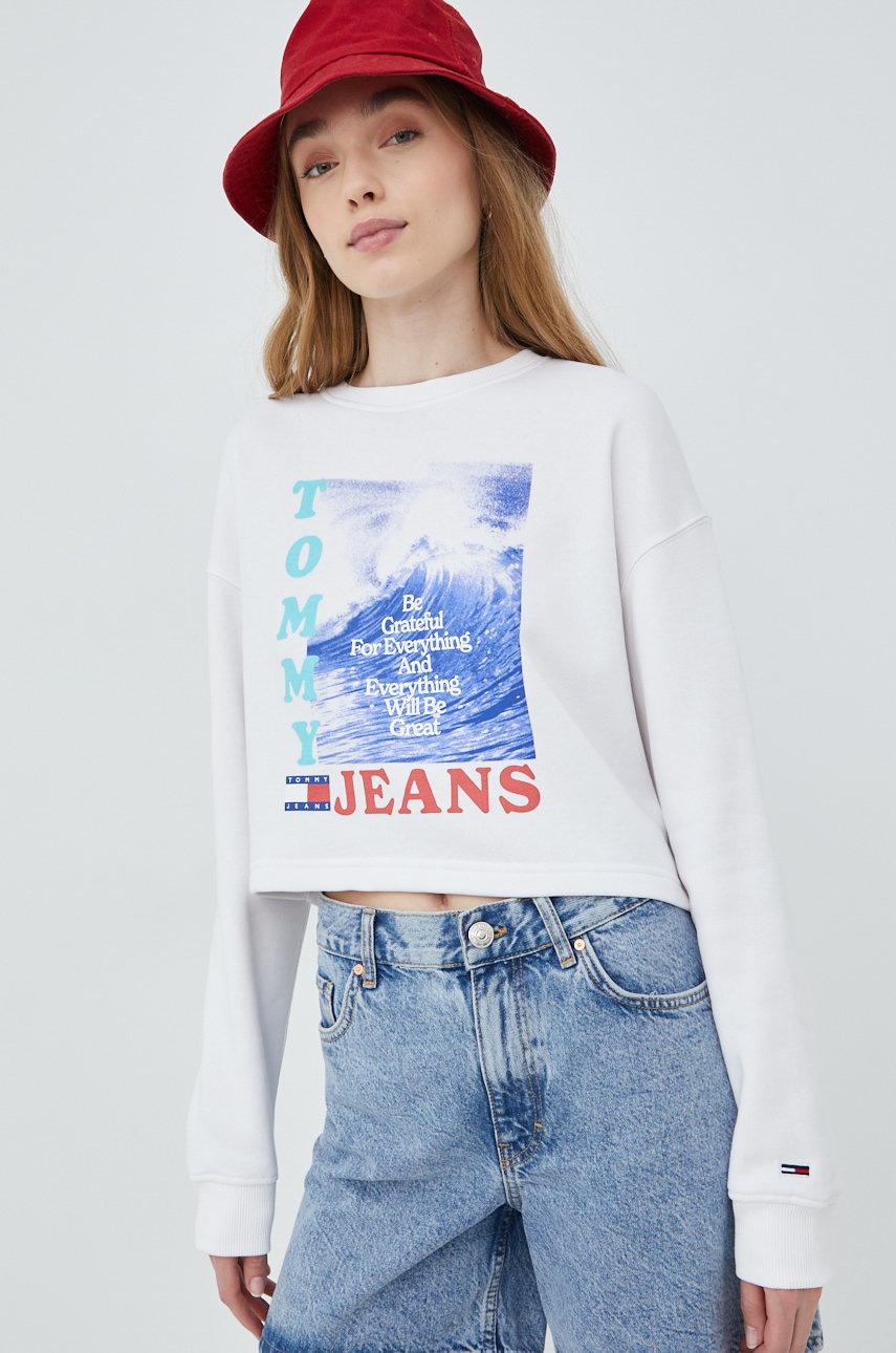 Tommy Jeans bluza femei, culoarea alb, cu imprimeu