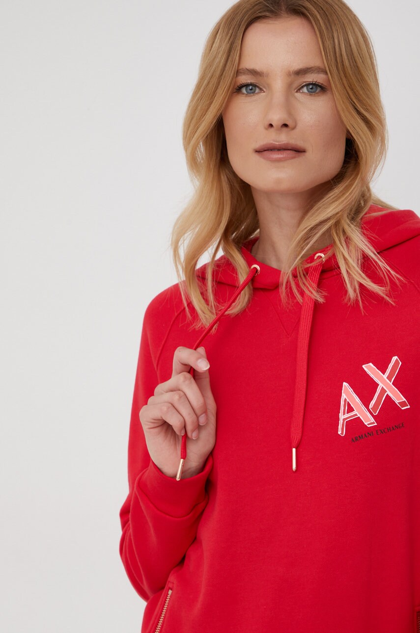 Armani exchange hanorac de bumbac femei, culoarea rosu, cu imprimeu