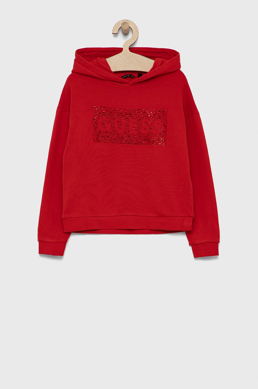 

Детски памучен суичър Guess в червено с изчистен дизайн, Червен