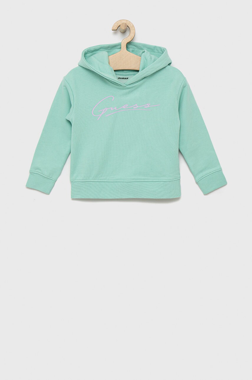 

Детски памучен суичър Guess в тюркоазено с принт, Тюркоазен