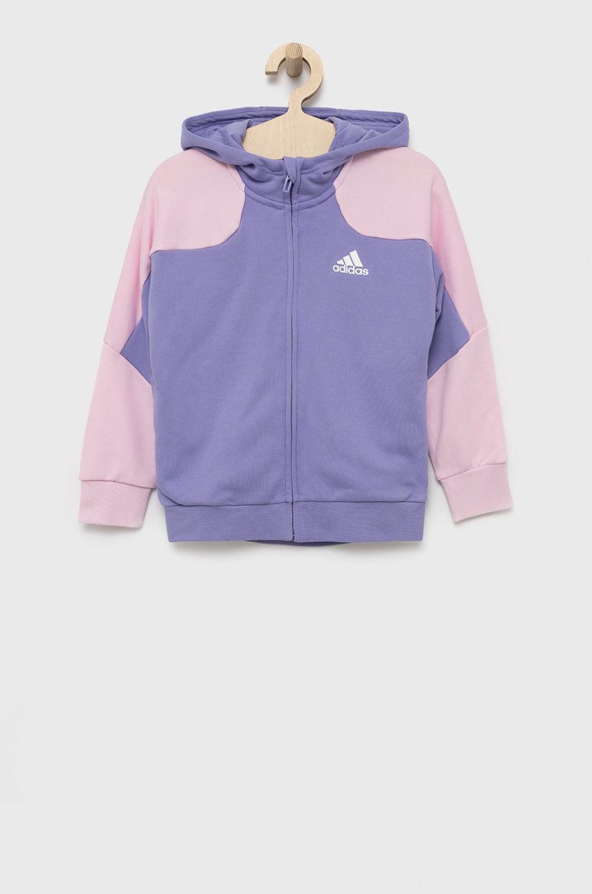 Adidas Performance bluza dziecięca HE0001 kolor fioletowy z kapturem z nadrukiem