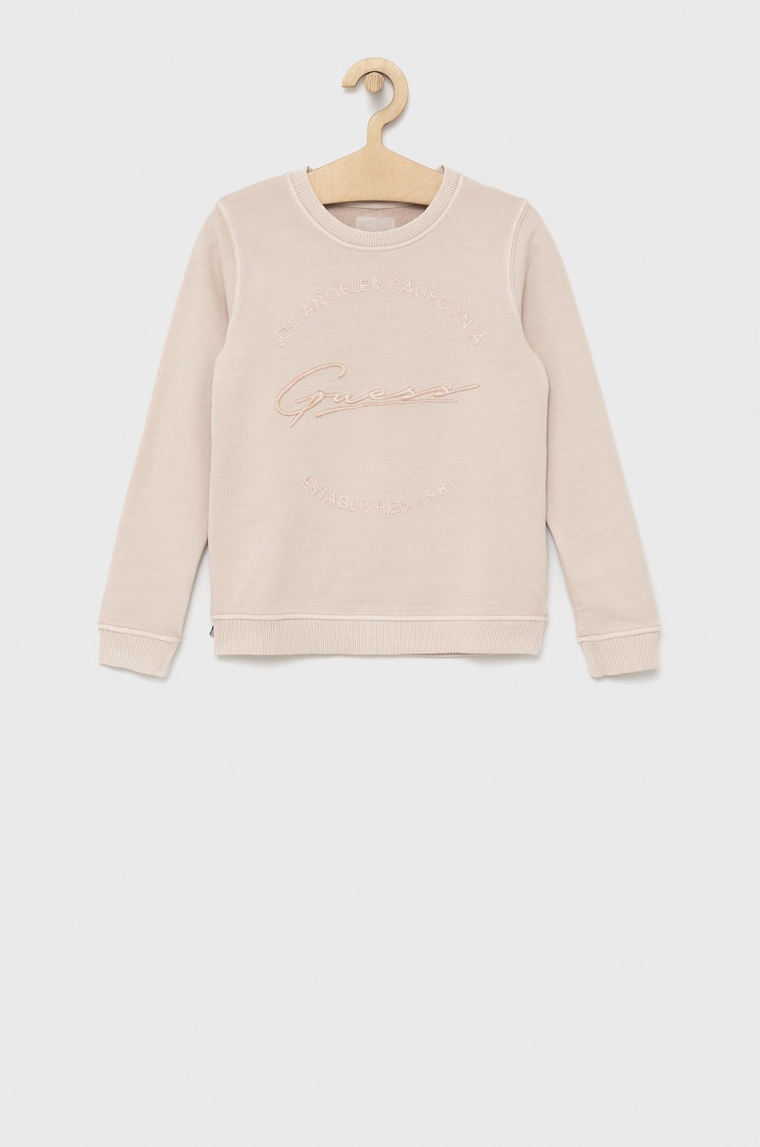 

Детски памучен суичър Guess в бежово с апликация, Бежов