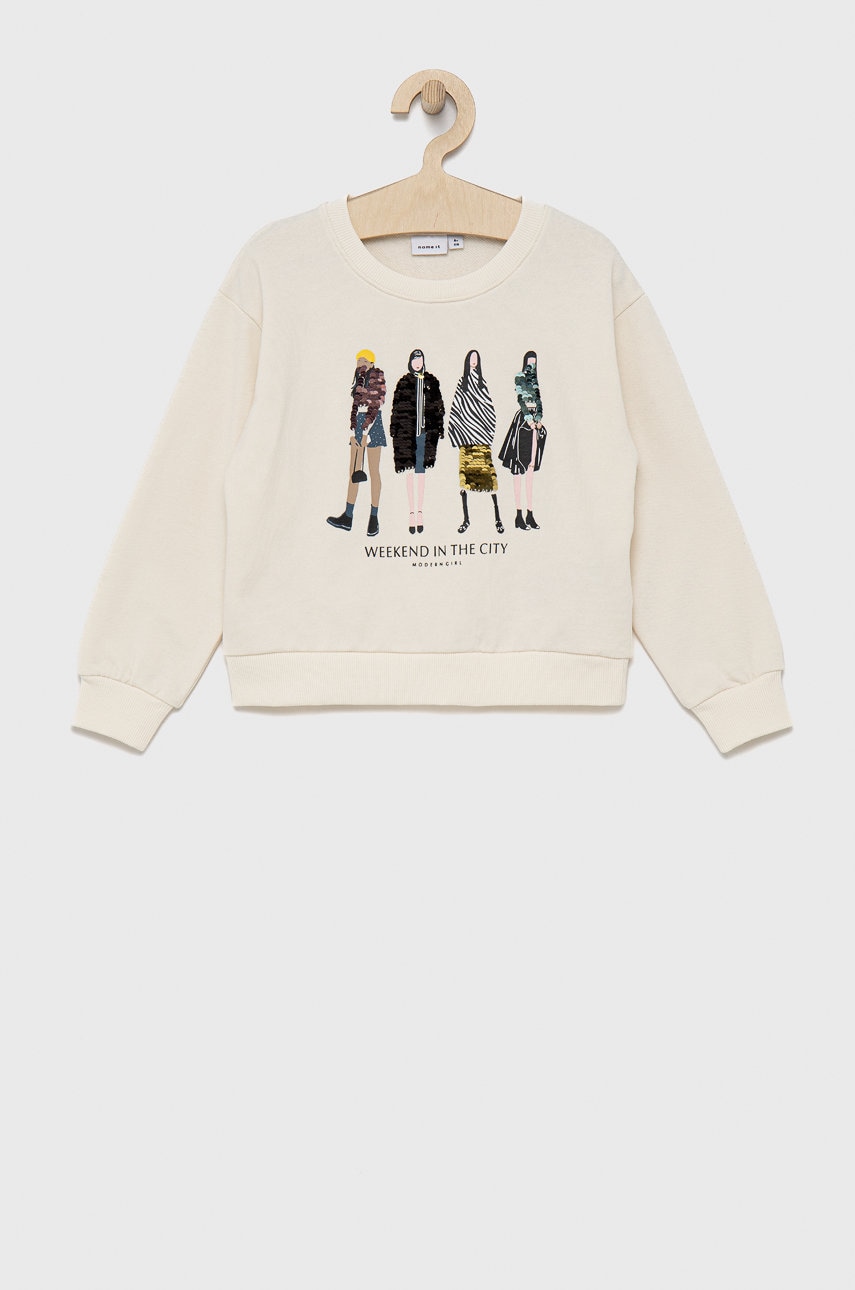 Name It bluza copii culoarea bej, cu imprimeu
