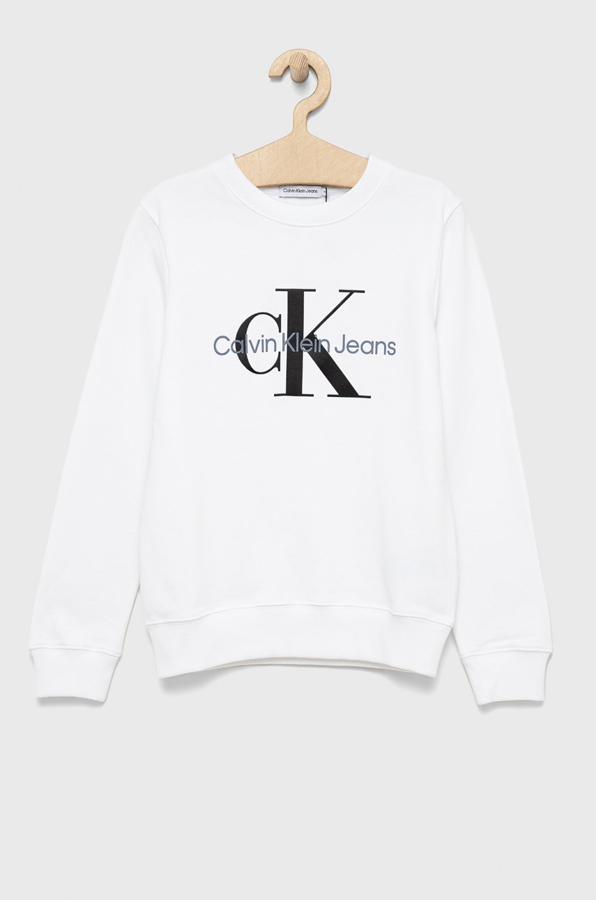 

Детски памучен суичър Calvin Klein Jeans в бяло с принт, Бял