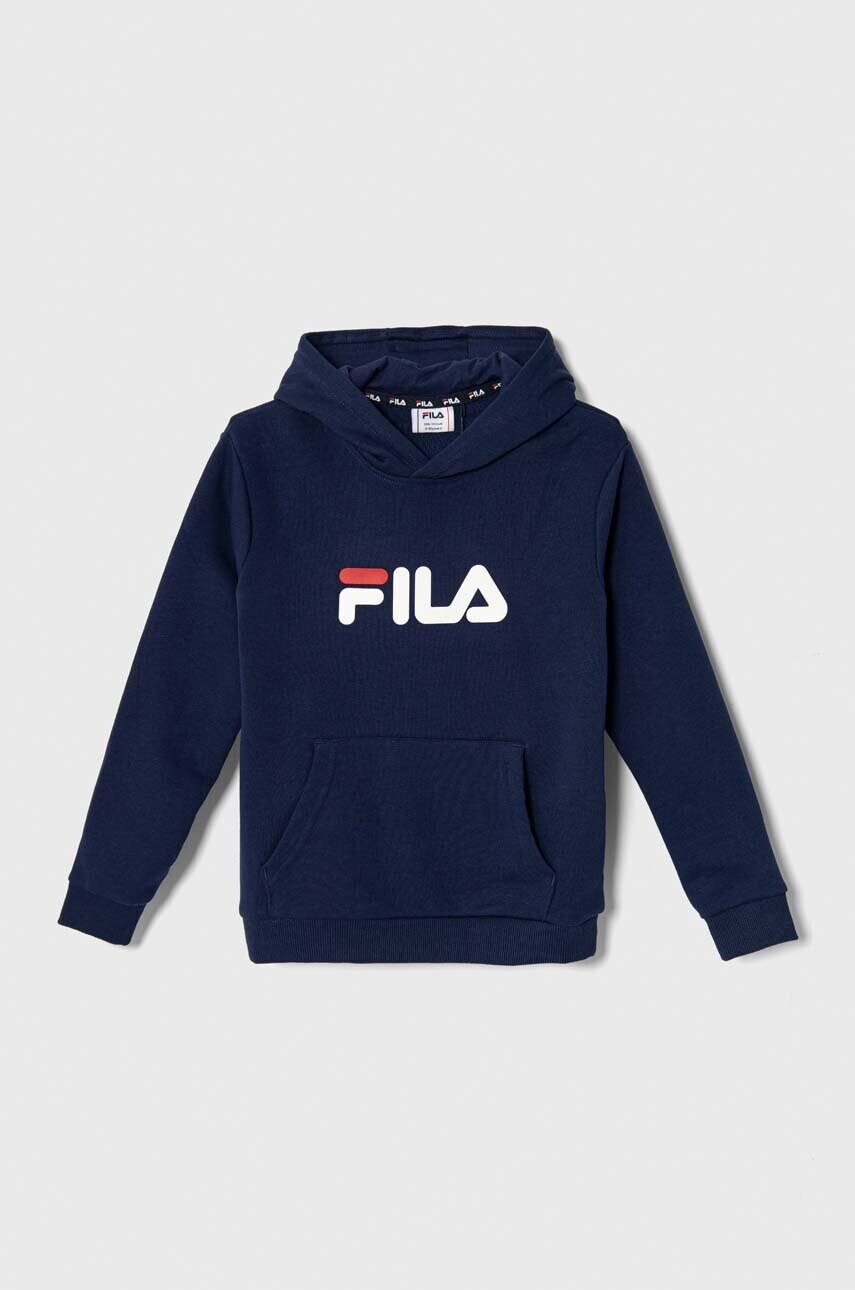 

Дитяча кофта Fila колір синій з капюшоном з принтом