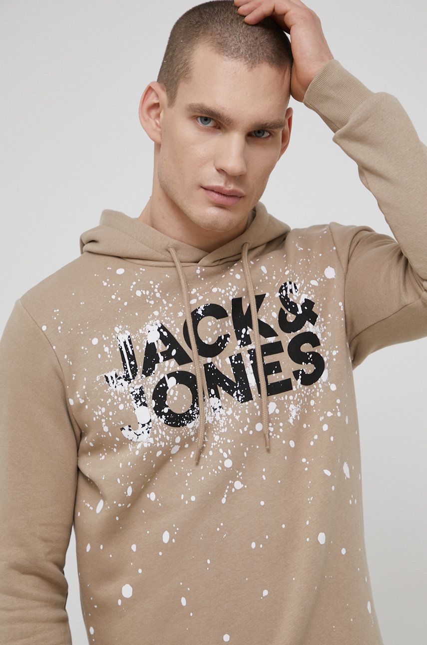 Jack & Jones bluza męska kolor beżowy z kapturem z nadrukiem