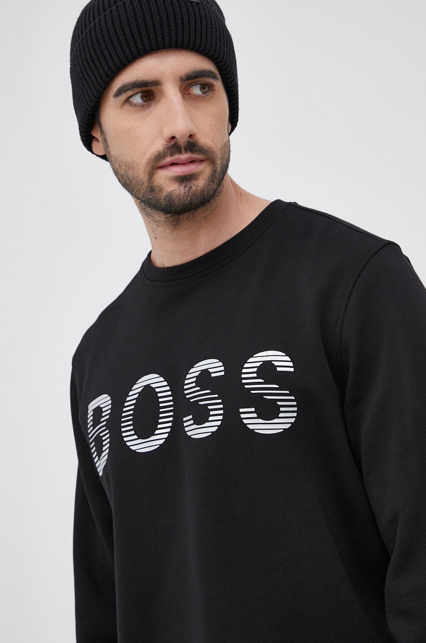 

Памучен суичър Boss мъжки в черно с апликация, Черен