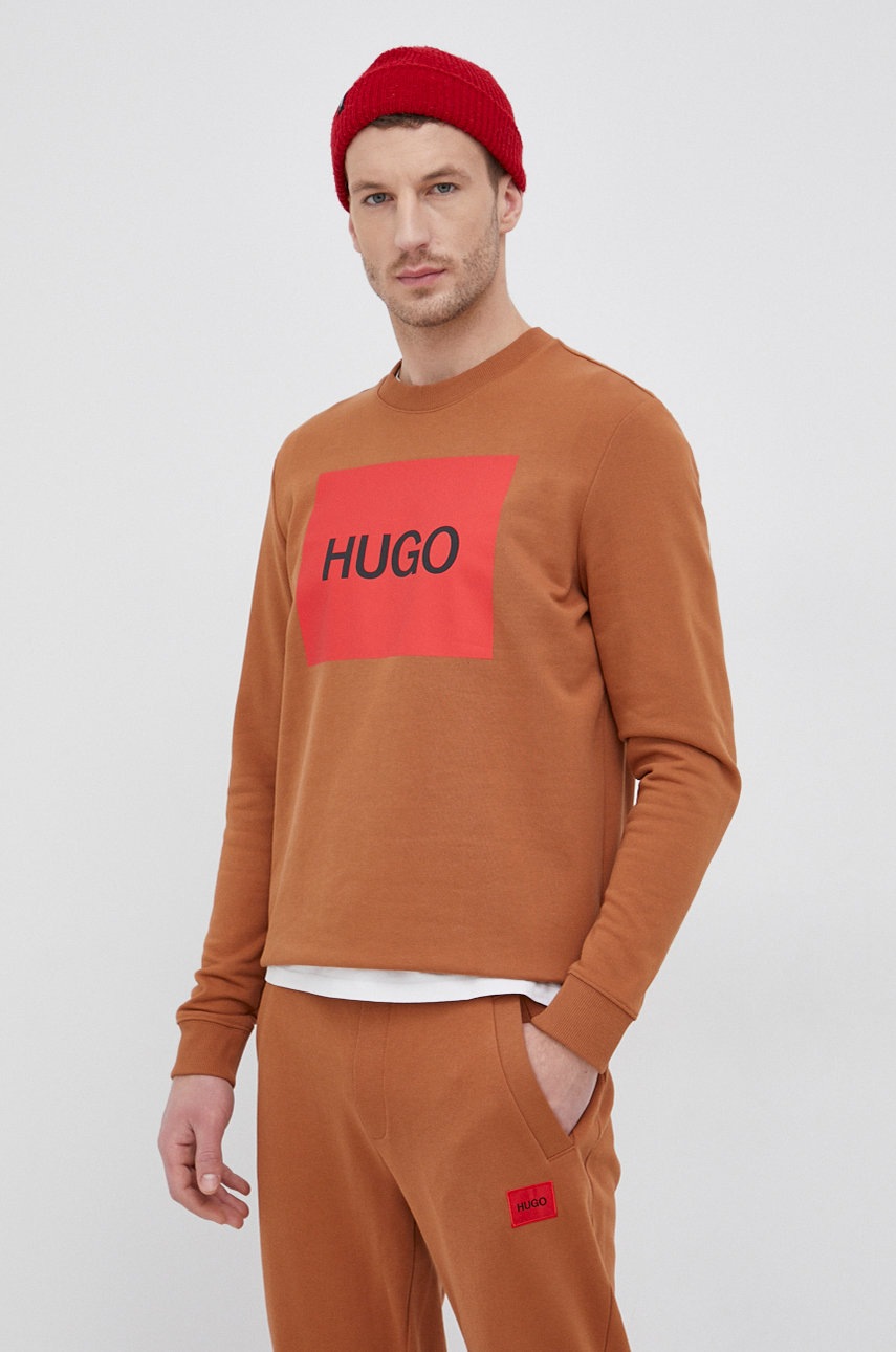 Hugo hanorac de bumbac bărbați, culoarea maro, cu imprimeu
