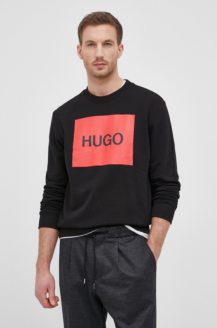 

Памучен суичър Hugo мъжки в черно с принт, Черен