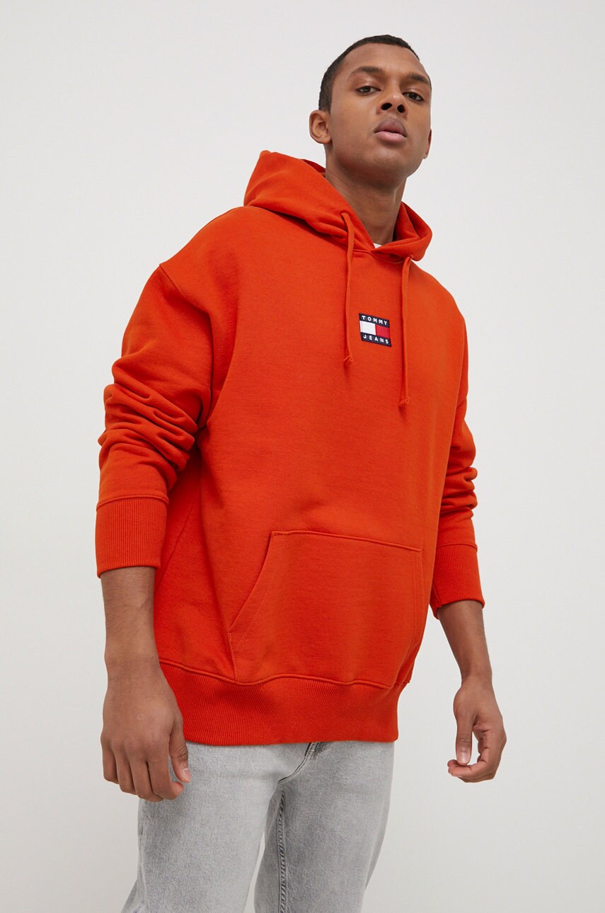 Tommy jeans hanorac de bumbac barbati, culoarea portocaliu, cu imprimeu