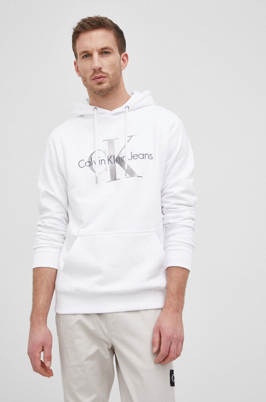 

Памучен суичър Calvin Klein Jeans мъжки в бяло с апликация, Бял
