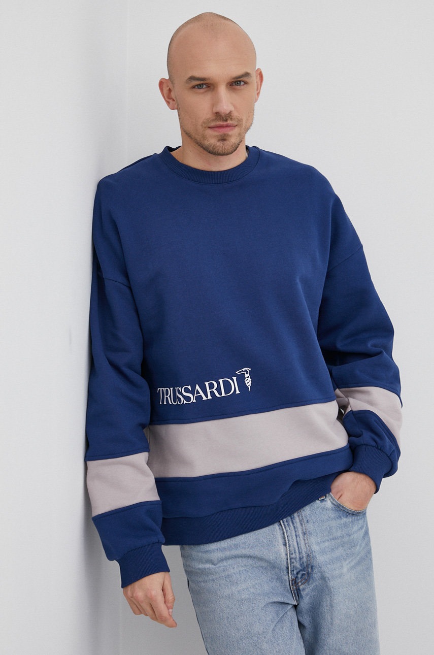 

Памучен суичър Trussardi мъжки в сиво с принт, Син