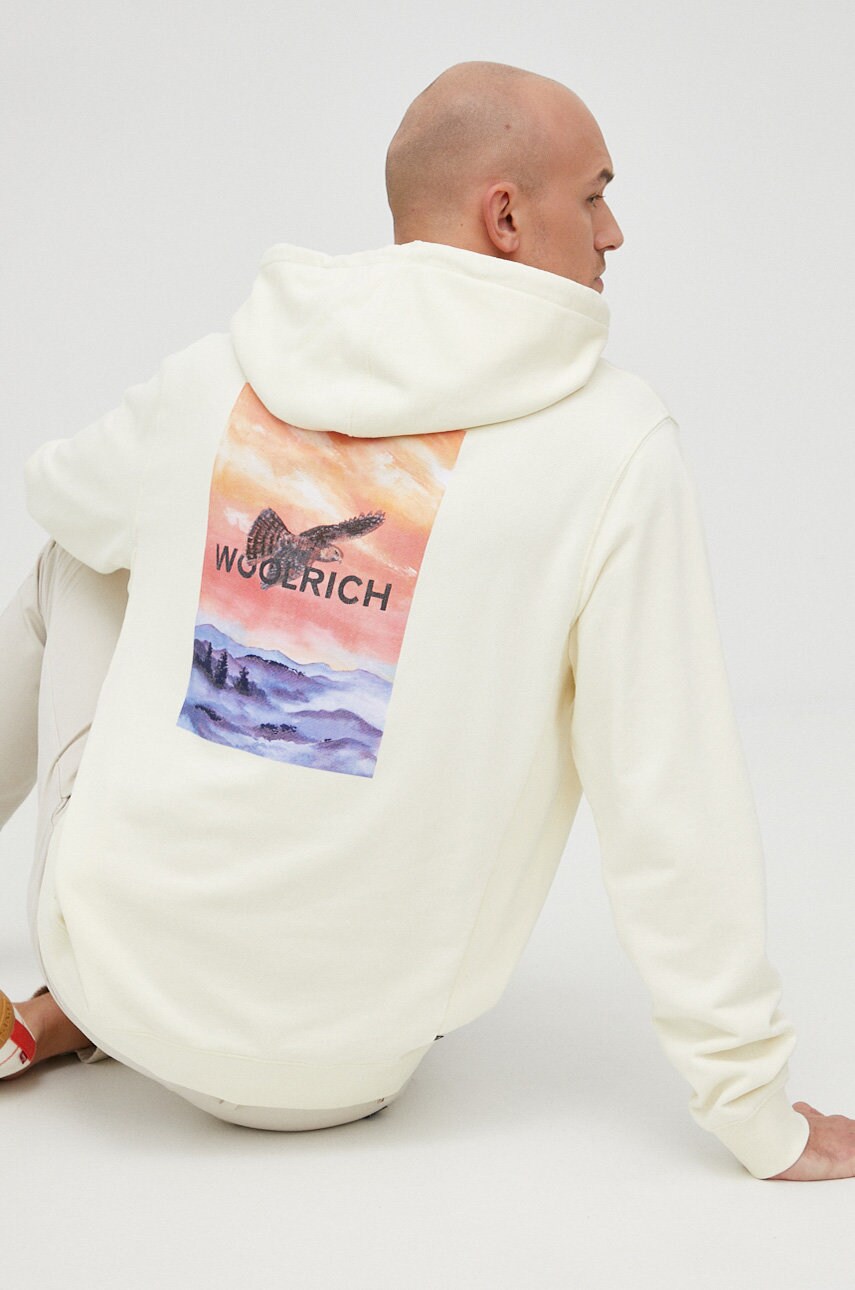 Woolrich hanorac de bumbac barbati, culoarea bej, cu imprimeu