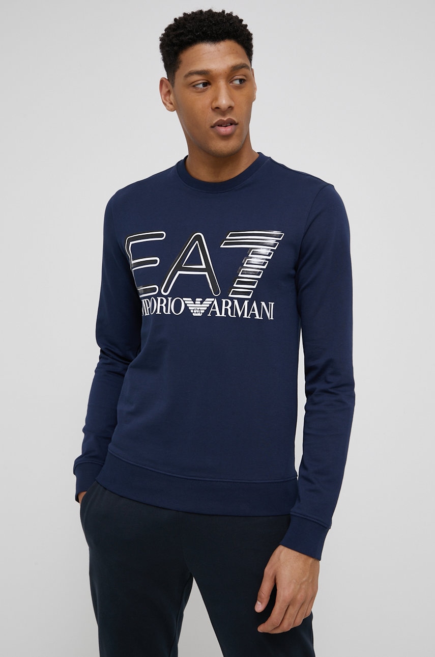 Ea7 emporio armani hanorac de bumbac bărbați, culoarea albastru marin, cu imprimeu