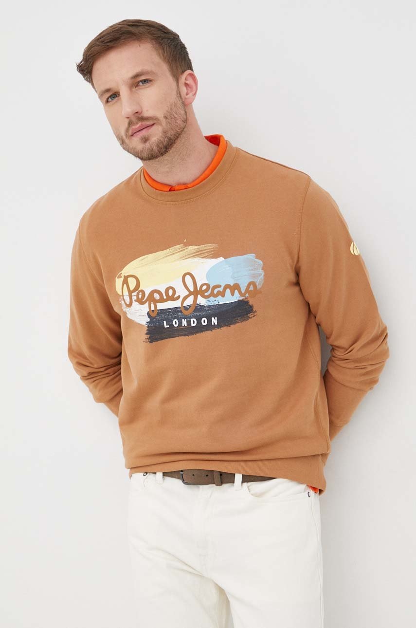 

Памучен суичър Pepe Jeans Dawson мъжки в кафяво с принт, Кафяв