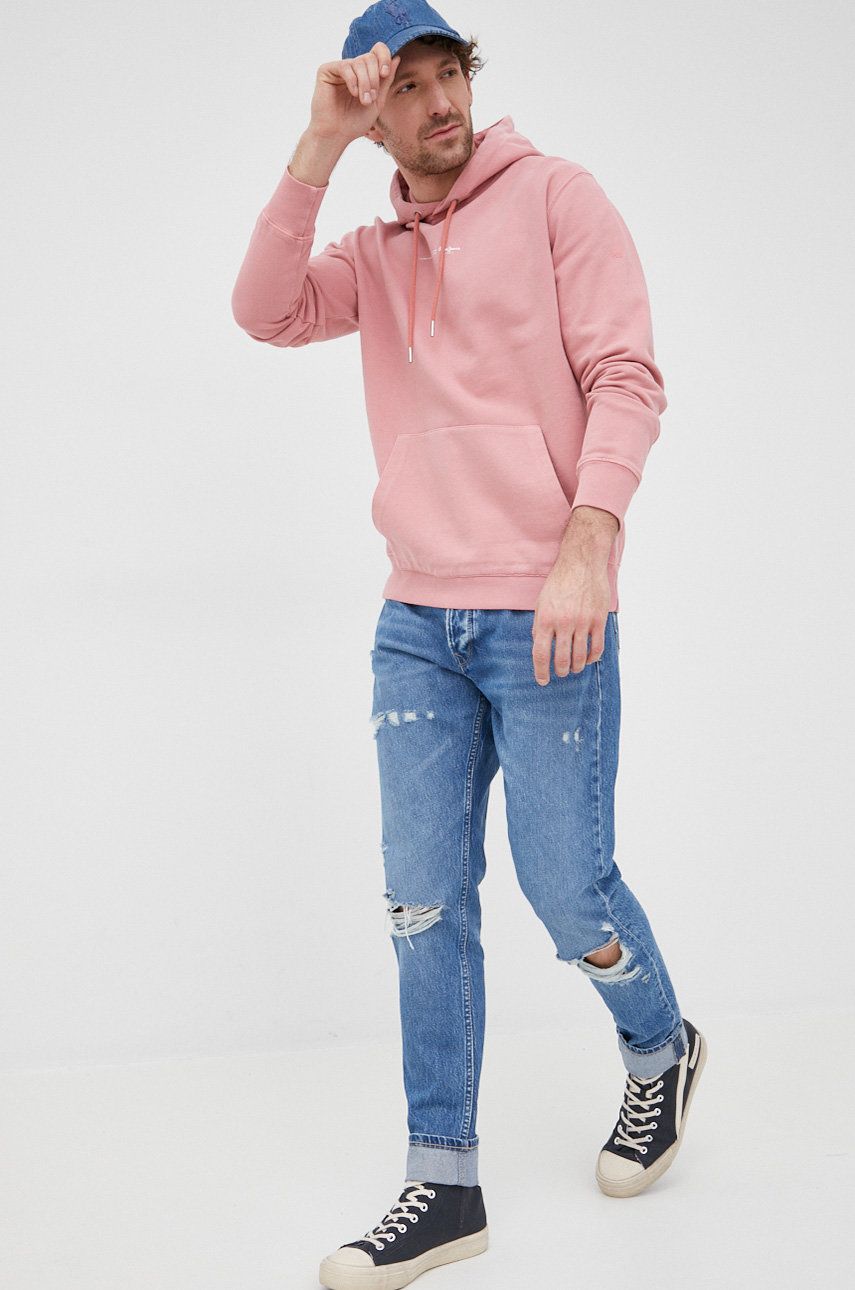 Pepe Jeans bluza bawełniana David męska kolor różowy z kapturem z nadrukiem