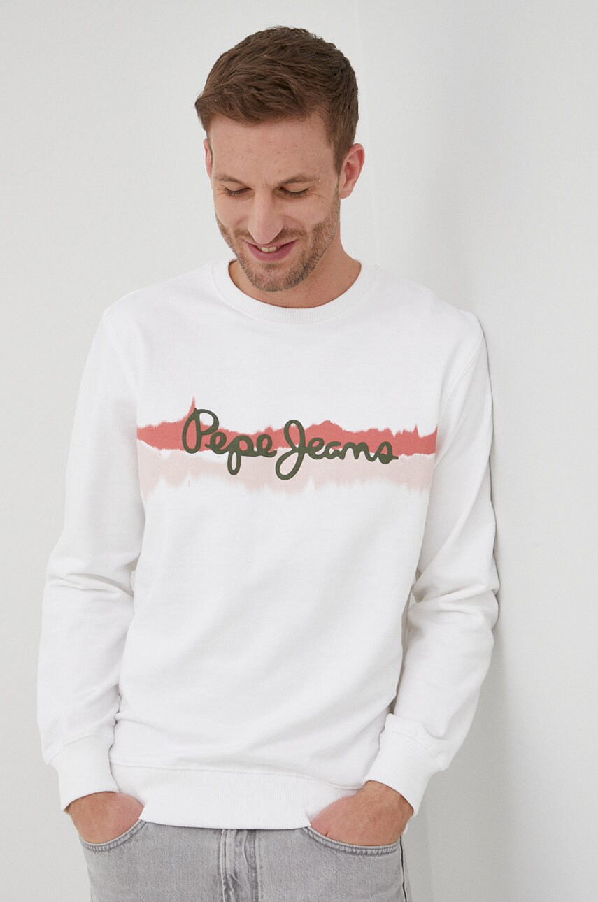 Pepe jeans hanorac de bumbac donte barbati, culoarea alb, cu imprimeu