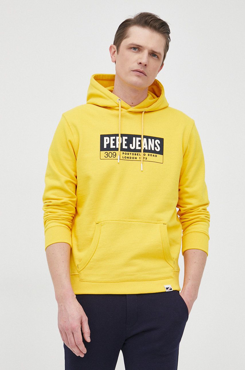 Pepe Jeans bluza bawełniana DOUGLAS męska kolor żółty z kapturem z aplikacją