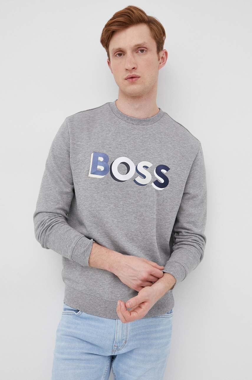 Boss hanorac de bumbac boss casual barbati, culoarea gri, cu imprimeu