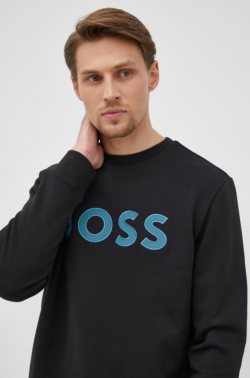 

Памучен суичър BOSS Boss Casual мъжки в черно с апликация, Черен