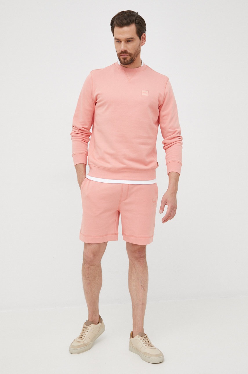 

Памучен суичър BOSS Boss Casual в розово с изчистен дизайн, Розов