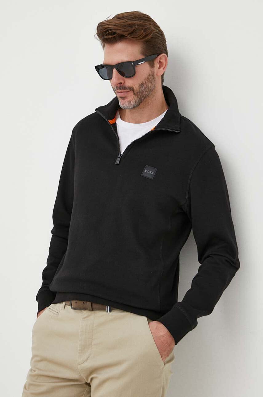 BOSS hanorac de bumbac BOSS CASUAL barbati, culoarea negru, neted BOSS hanorac de bumbac BOSS CASUAL barbati, culoarea negru, neted
