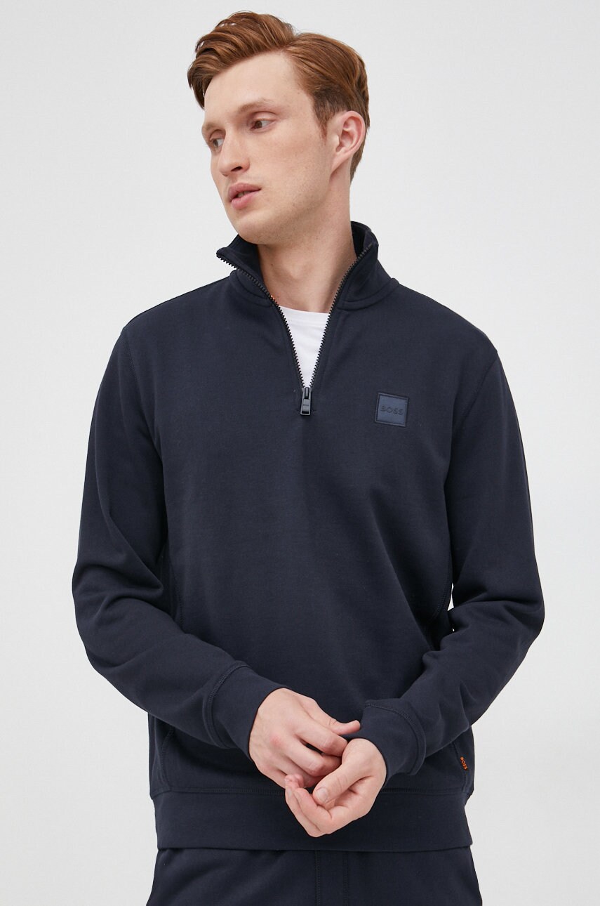 BOSS hanorac de bumbac Boss Casual barbati, culoarea albastru marin, neted