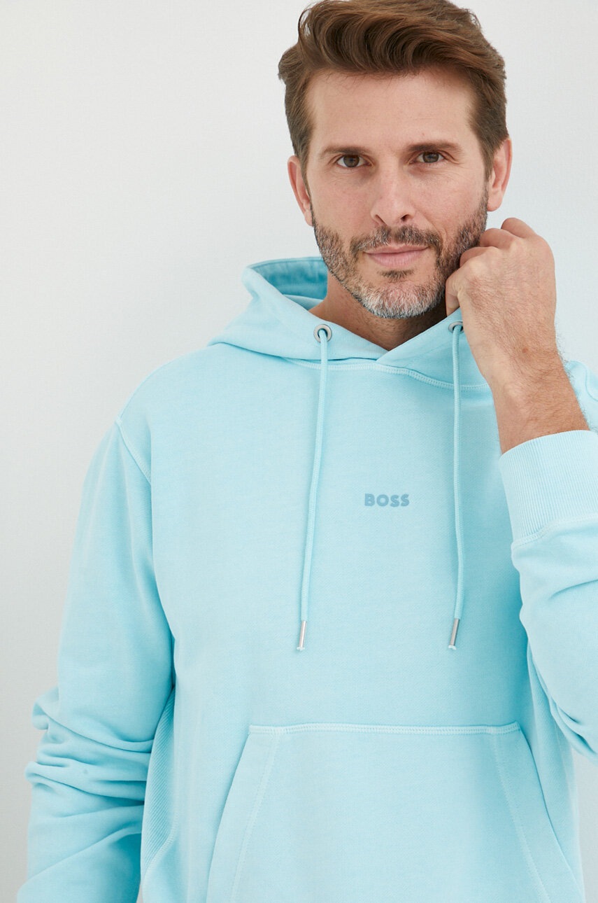 

Памучен суичър BOSS Boss Casual в синьо с качулка с изчистен дизайн, Син