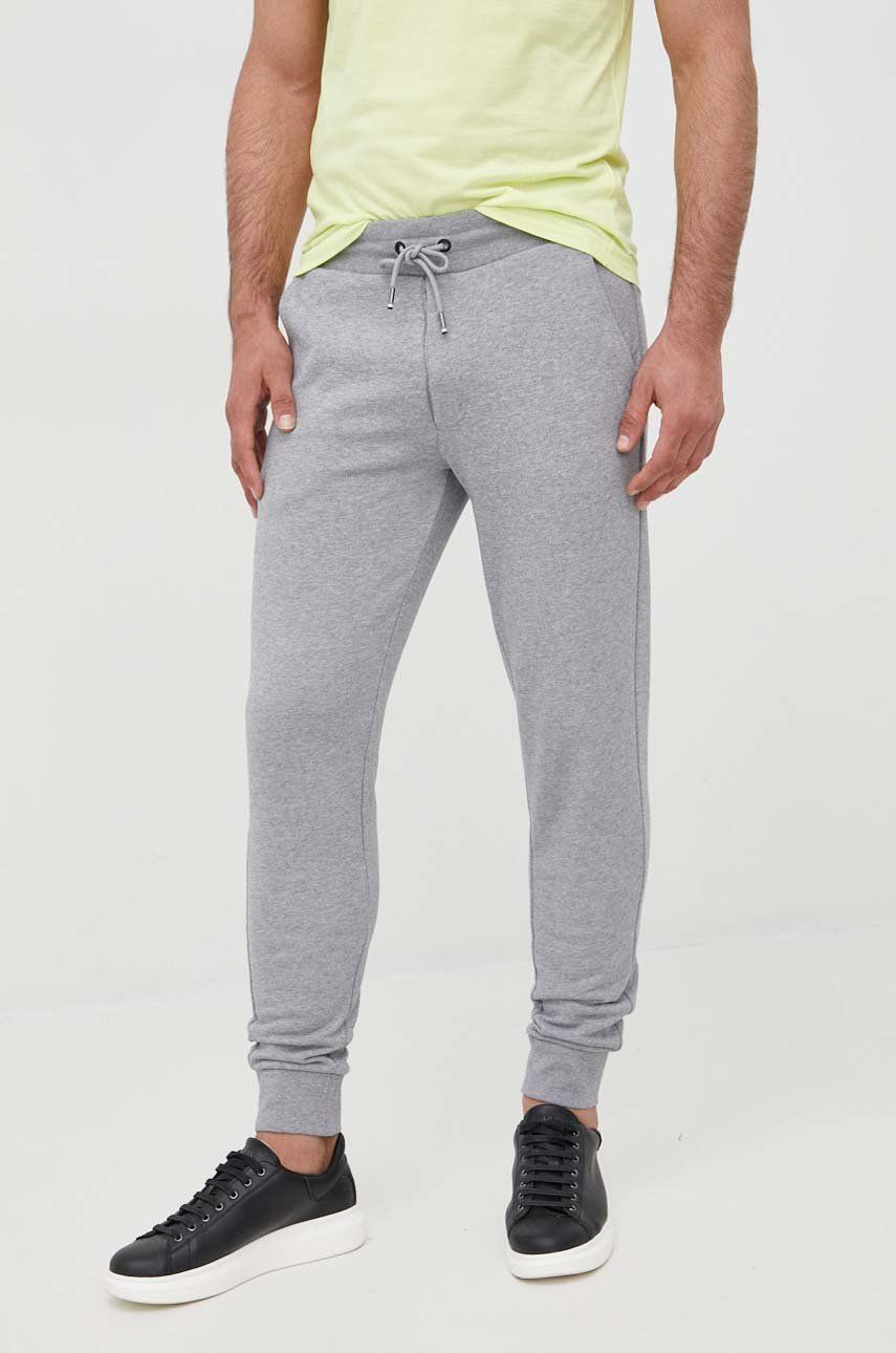 Levně Bavlněné kalhoty BOSS pánské, šedá barva, hladké