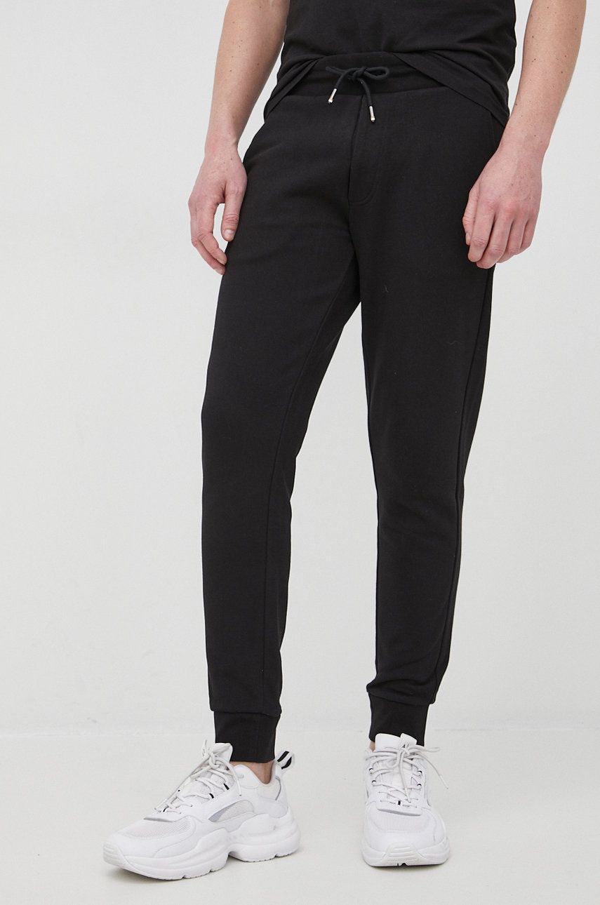 Levně Bavlněné kalhoty BOSS pánské, černá barva, hladké