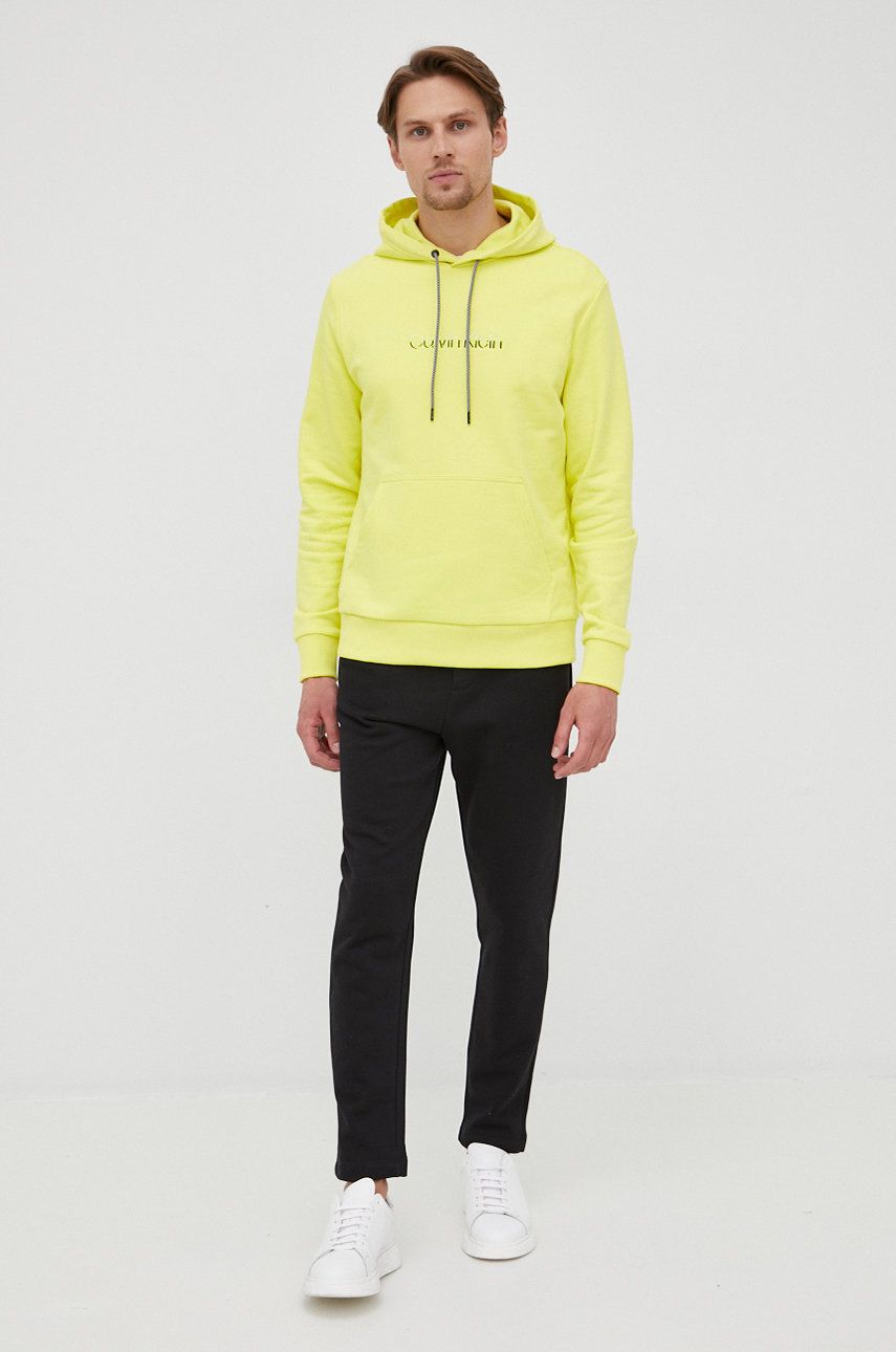 Calvin Klein bluza męska kolor żółty z kapturem gładka