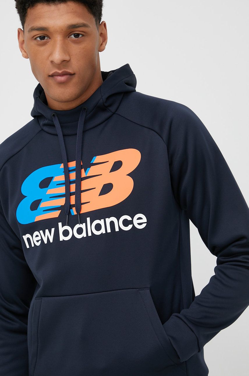 New Balance bluza treningowa Tenacity męska kolor granatowy z kapturem z nadrukiem