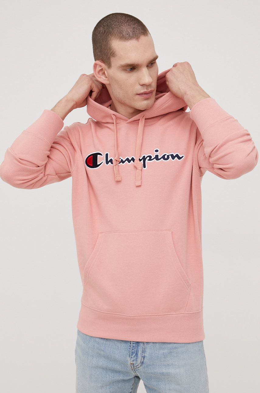 Champion bluza 217060 męska kolor różowy z kapturem z aplikacją