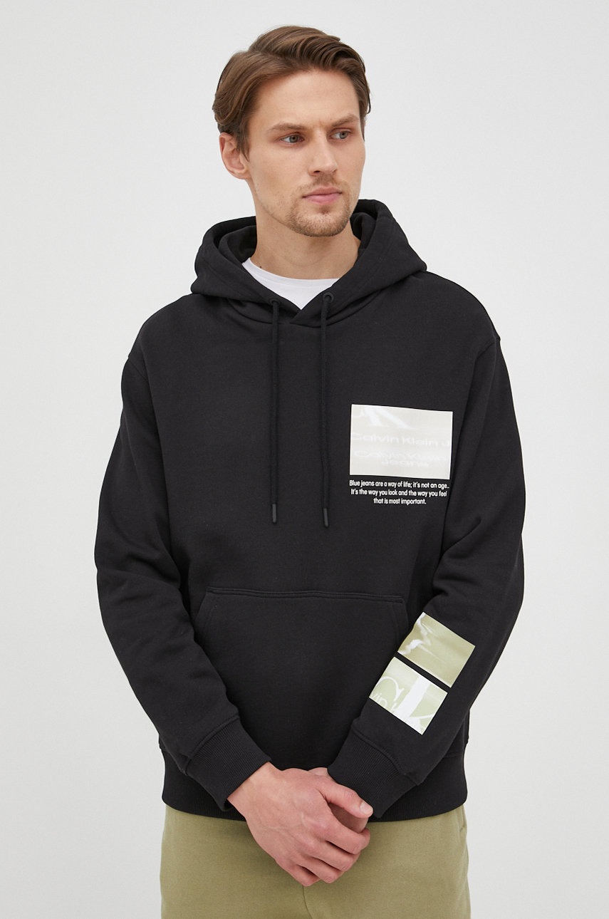 

Памучен суичър Calvin Klein Jeans мъжка в черно с принт, Черен