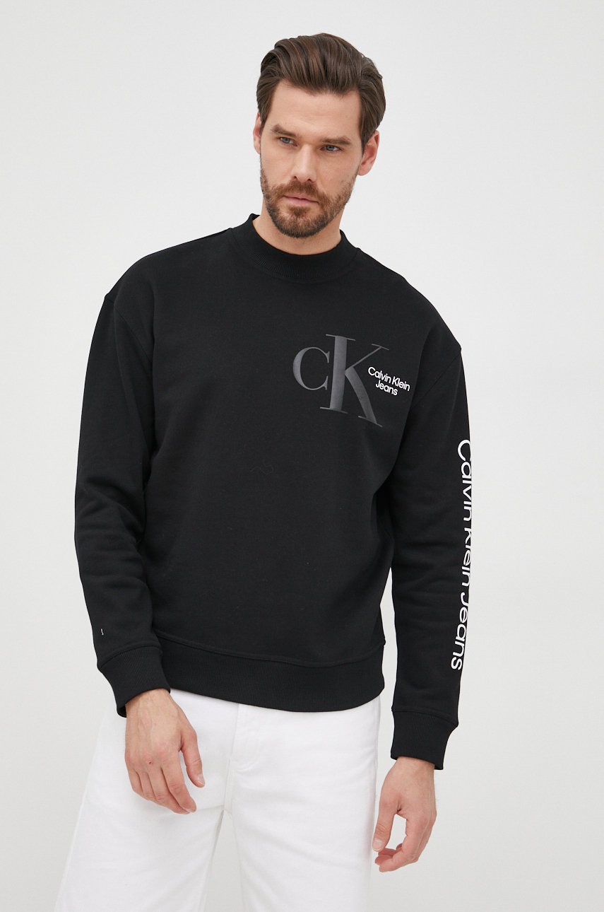 

Памучен суичър Calvin Klein Jeans в черно с принт, Черен