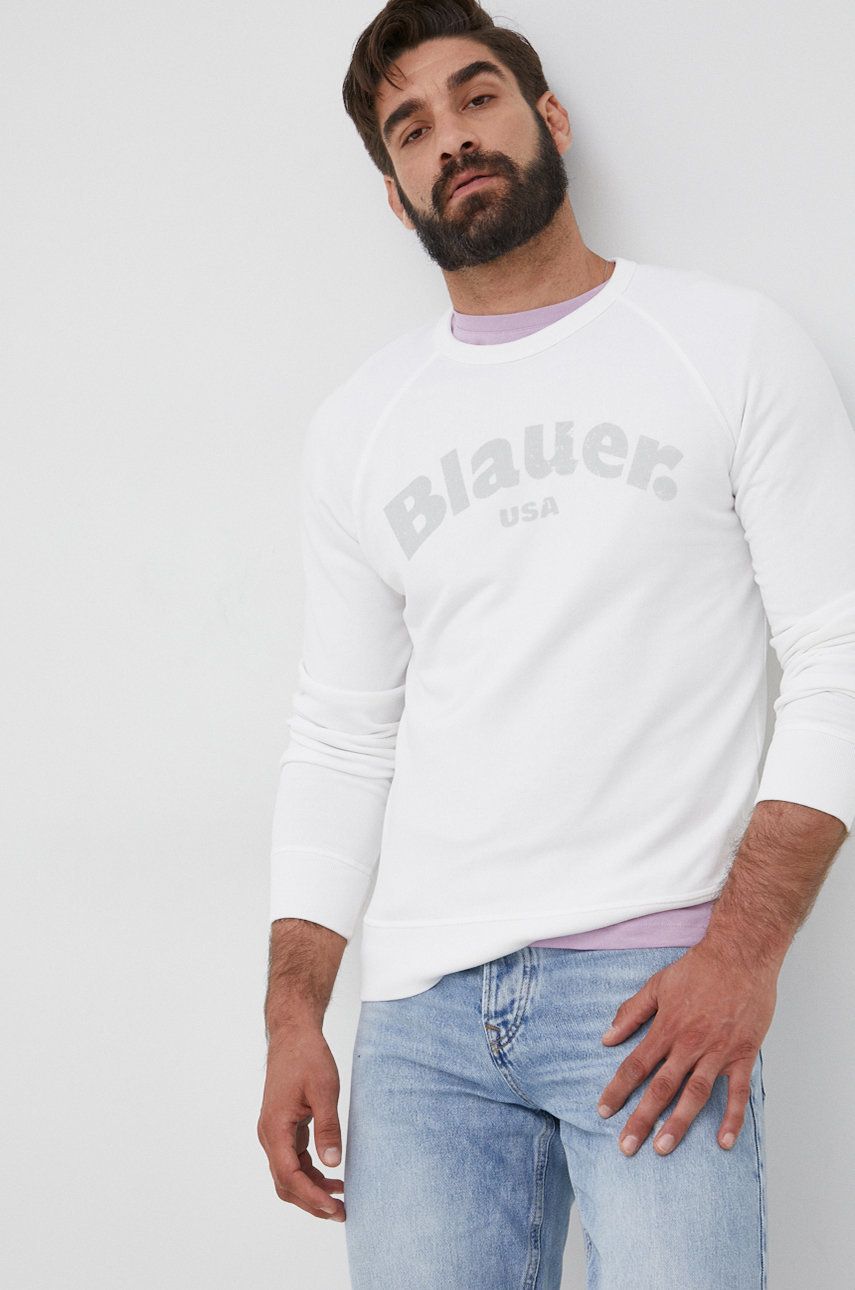 Blauer hanorac de bumbac barbati, culoarea alb, cu imprimeu answear.ro