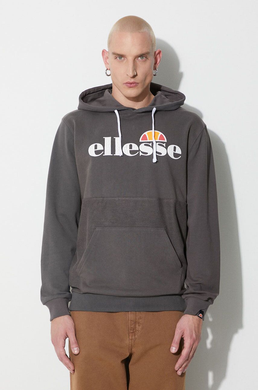E-shop Bavlněná mikina Ellesse pánská, šedá barva, s kapucí, vzorovaná, SHN15152-402