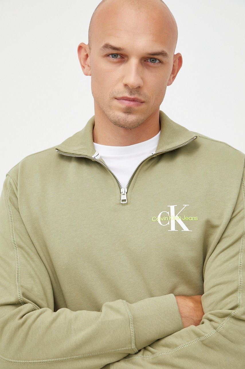 

Памучен суичър Calvin Klein Jeans в зелено с принт, Зелен