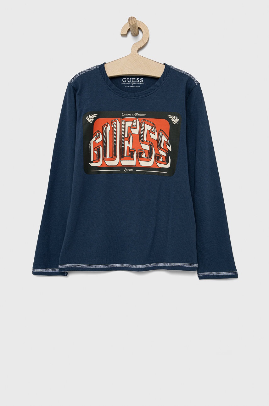 

Детска блуза с дълги ръкави Guess с принт, Син