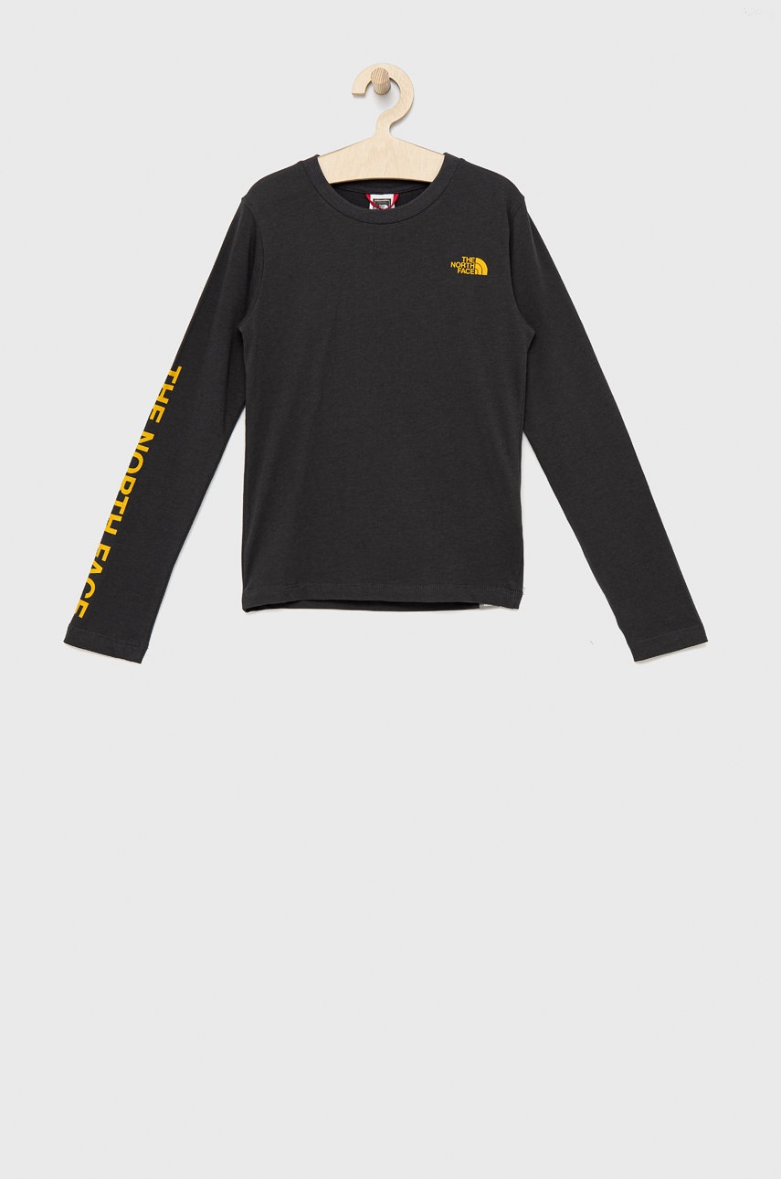

Детска блуза с дълги ръкави The North Face в сиво с принт, Сив