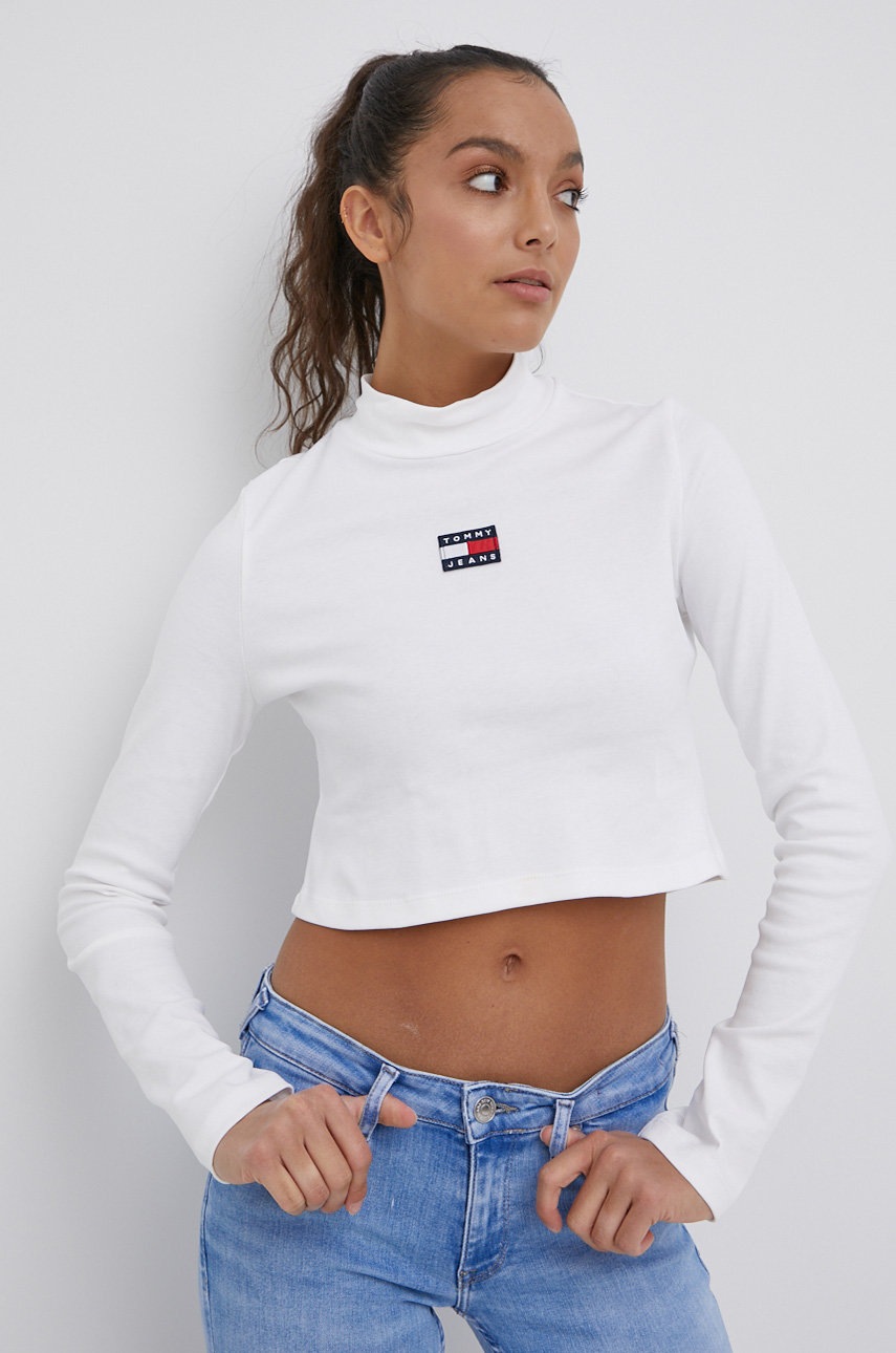 

Памучна блуза с дълги ръкави Tommy Jeans в бяло с ниско поло, Бял