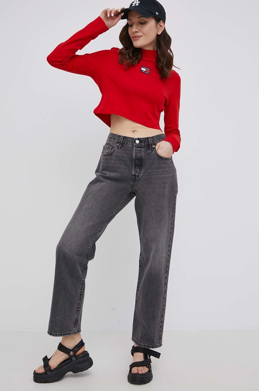

Хлопковый лонгслив Tommy Jeans цвет красный с полугольфом