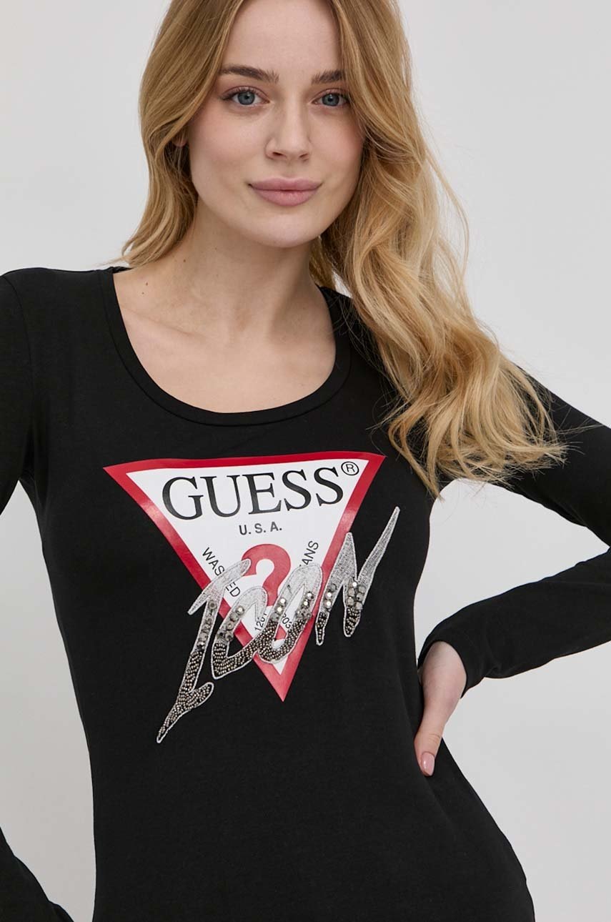 

Блуза с дълги ръкави Guess дамски в черно, Черен